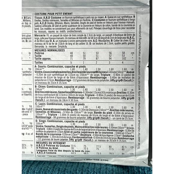 Simplicity 4458 Sewing pattern Toddler mouse bunny monkey dog size 1/2 1 2 3 4 - Picture 5 of 5